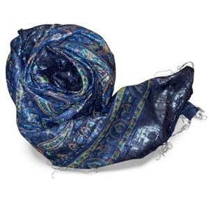 FASHION SCARF Fringed in Shimmery Navy Blue Paisley Print 38” Square